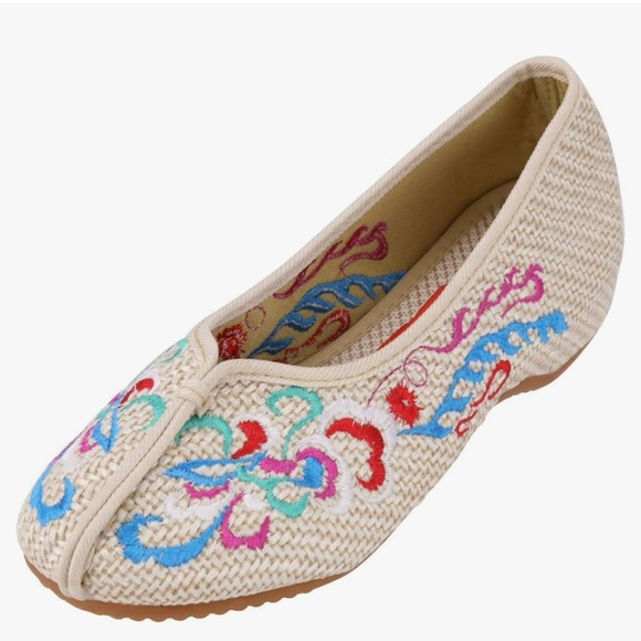 Embroidered Shoes- Backless Slipper Mule Flats Loafer Slip on Beige - Picture 1 of 5